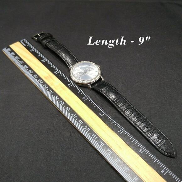 GUESS Wristwatch Logo Dial Rhinestones, Black Leather Strap, G76072L, 9 Inches - Picture 9 of 11
